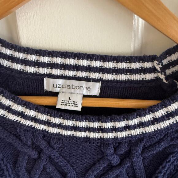 Vintage Liz Claiborne Striped Blue Cable Knit Chunky Sweater Cotton Size Large - Picture 5 of 7